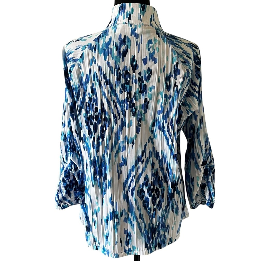 Zenergy by Chicos Blue White Abstract Ikat Pleated Zip Up Jacket Womens 2 Large - Picture 2 of 9